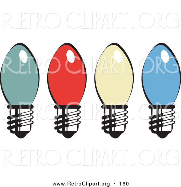 Retro Clipart of a Four Colorful Christmas Lightbulbs on a White Background
