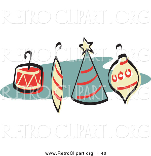 Retro Clipart of a Four Colorful Christmas Tree Ornaments with Hooks Retro