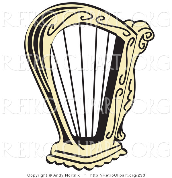 Retro Clipart of a Gold Harp Instrument over a Solid White Background