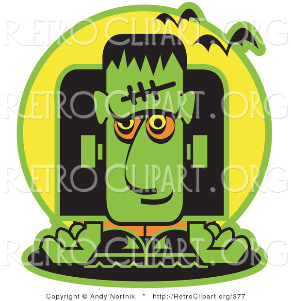 Retro Clipart of a Green Frankenstein on Halloween with Vampire Bats