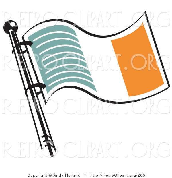 Retro Clipart of a Green White and Orange Irish Flag on a Flagpole Waving in the Breeze