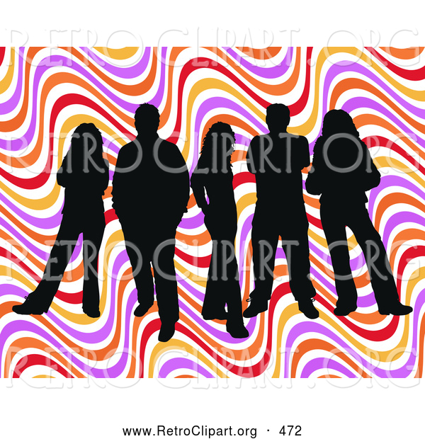 Retro Clipart of a Group of 5 Black Silhouetted People Standing over a Colorful Wavy Retro Background