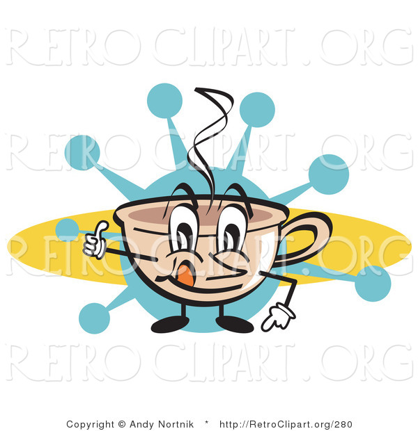 Retro Clipart of a Happy Coffee Cup Character with Steamy Hot Coffee Giving a Thumbs up