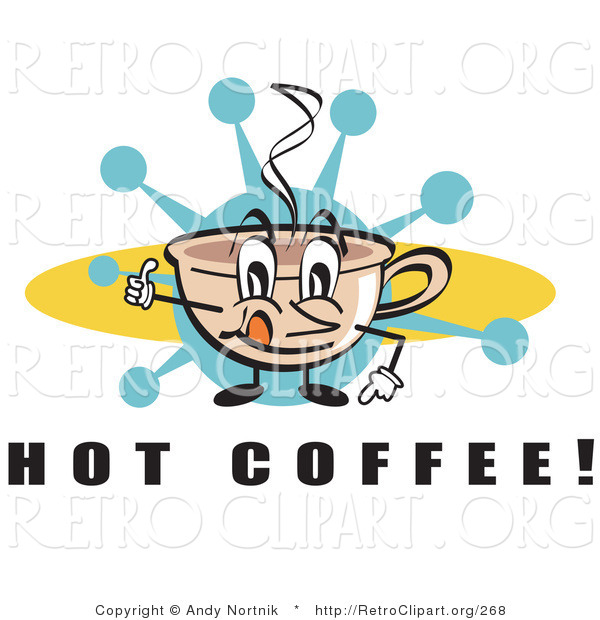 Retro Clipart of a Happy Coffee Cup Licking Its Lips Character with Steamy Hot Coffee