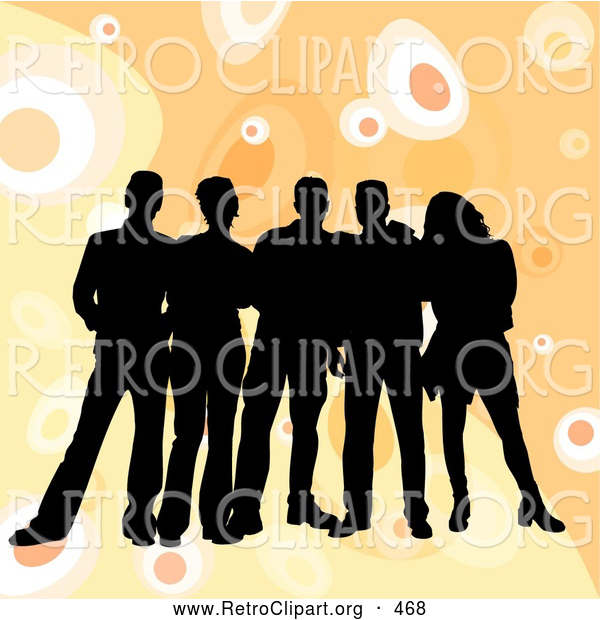Retro Clipart of a Happy Group of Five Black Silhouetted Friends Standing over a Retro Orange Background with Circles