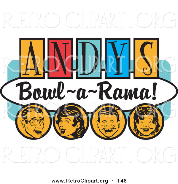 Retro Clipart of a Happy Man, Woman, Boy and Girl, Laughing and Having Fun on a Vintage "Andy's Bowl-A-Rama!" Sign