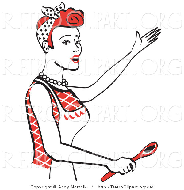 Retro Clipart of a Happy Red Head Housewife or Maid Woman in an Apron, Singing and Using a Spoon While Baking in the Kitchen