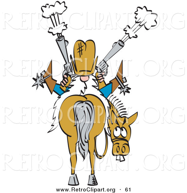 Retro Clipart of a Nervous Buck Toothed Tan Horse Looking Back at a Crazy Cowboy That Is Sitting on His Back and Shooting Two Pistils