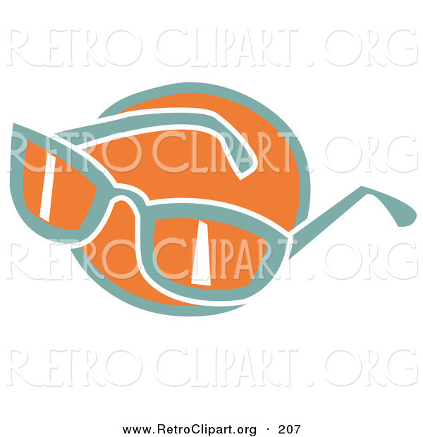 Retro Clipart of a Pair of Orange and Green Sunglasses over an Orange Circle on a White Background