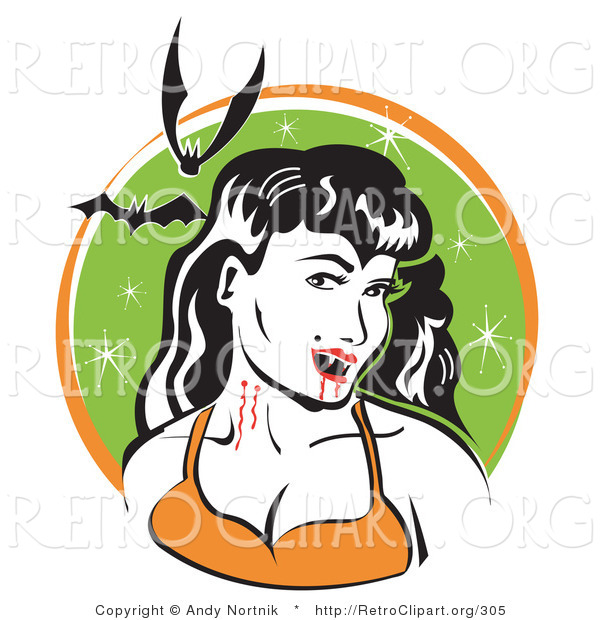 Retro Clipart of a Pale, Black Haired Smiling Female Vampire with Blood Dripping off of Her Fanges and onto Her Chin, Showing the Bite Marks on Her Neck While Two Bats Fly Above