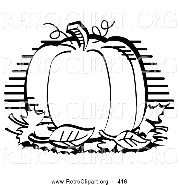 Retro Clipart of a Perfectly Round Halloween or Thanksgiving Pumpkin on Display, Surrounded by Fall Leaves