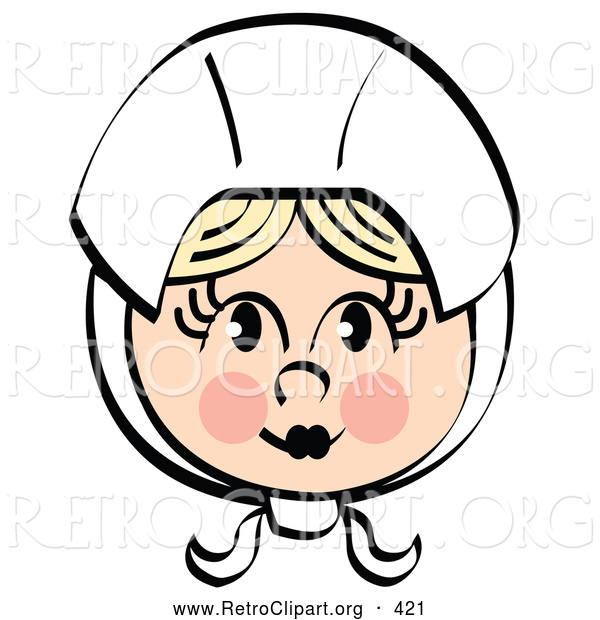 Retro Clipart of a Pretty Female Pilgrim Character Blushing and Wearing a White Bonnet over Her Blond Hair