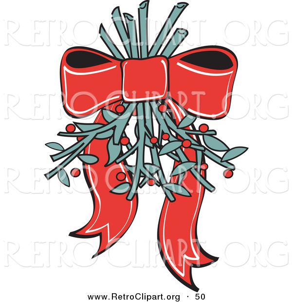 Retro Clipart of a Pretty Red Ribbon Hanging Mistletoe Upside down for People to Kiss Under Retro