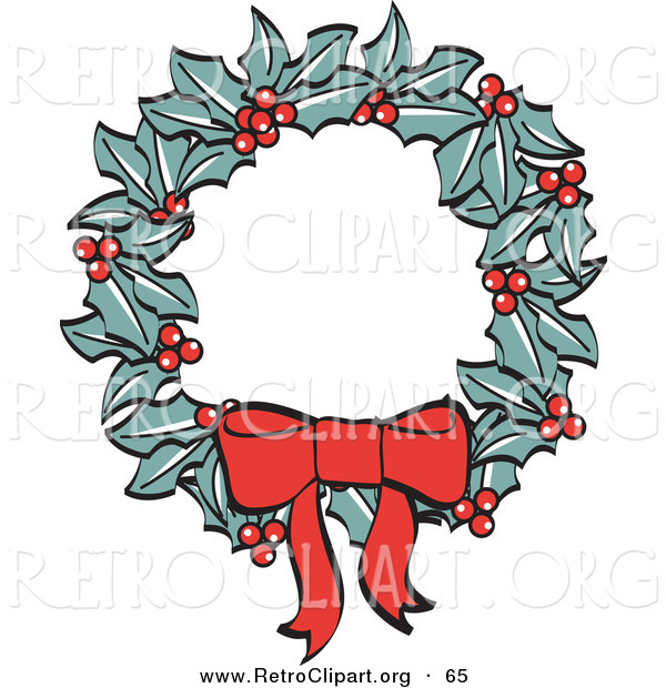Retro Clipart of a Red Bow on a Christmas Wreath Made of Holly over White