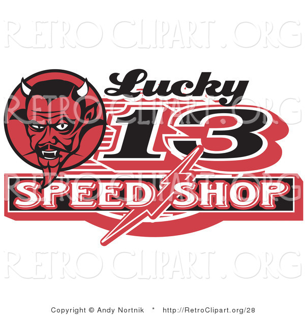 Retro Clipart of a Red Horned Devil Man on a Lucky 13 Speed Shop Advertisement Logo