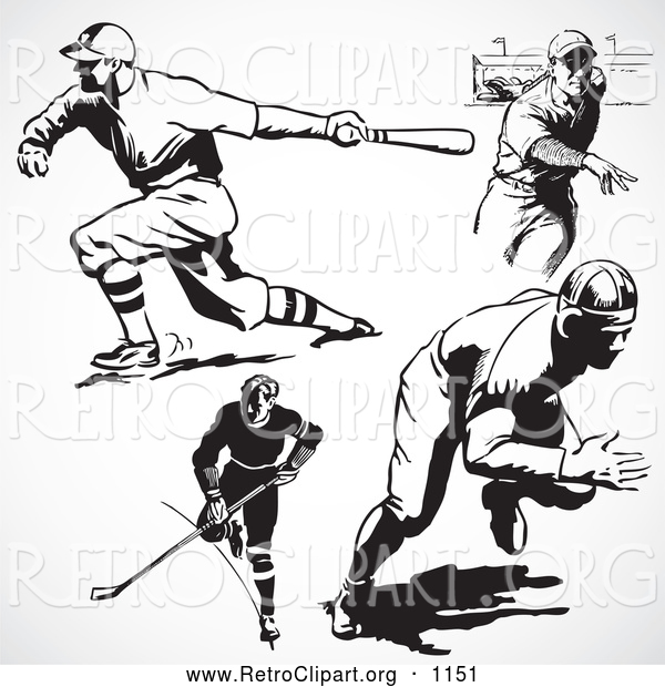 Retro Clipart of a Retro Black and White Hockey and Baseball Players