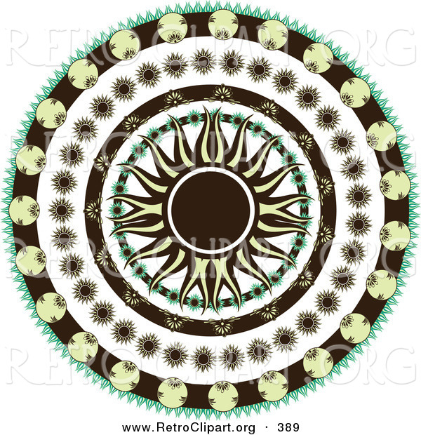 Retro Clipart of a Retro Black and Yellow Sun in the Center of a Circle of Floral Patterns over a Solid White Background