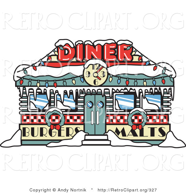 Retro Clipart of a Retro Diner in Snow, Decorated in Christmas Wreaths and Lights at Christmastime