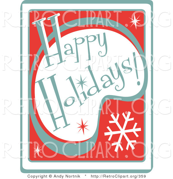 Retro Clipart of a Retro Happy Holidays Greeting, Green and White on Red