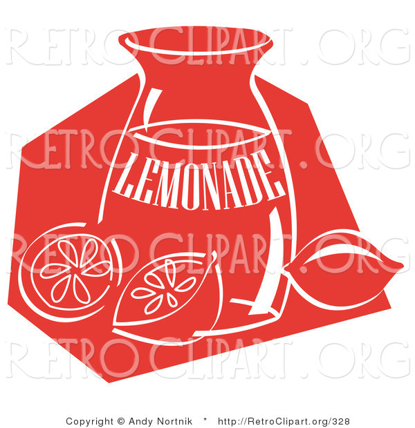 Retro Clipart of a Retro Jar of Lemonade and a Sliced and Whole Lemon Resting on the Counter