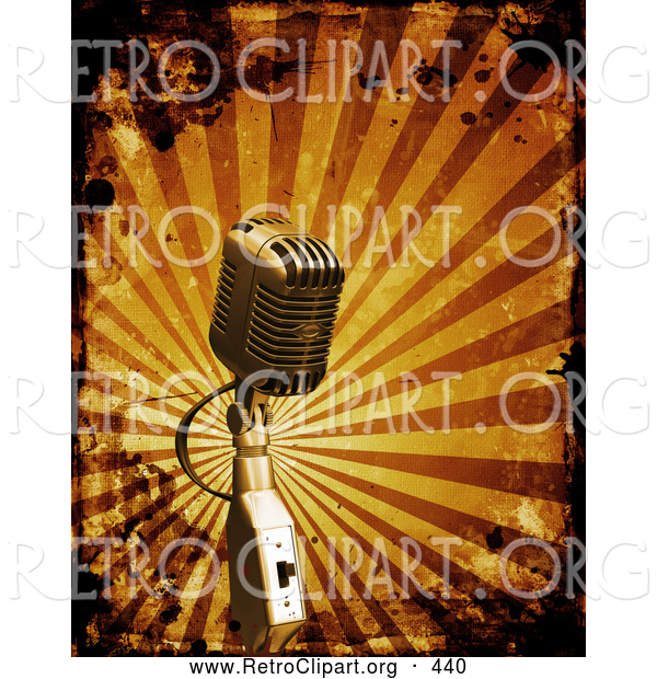 Retro Clipart of a Retro Microphone over a Bursting Orange Striped Background with Grunge Splatters