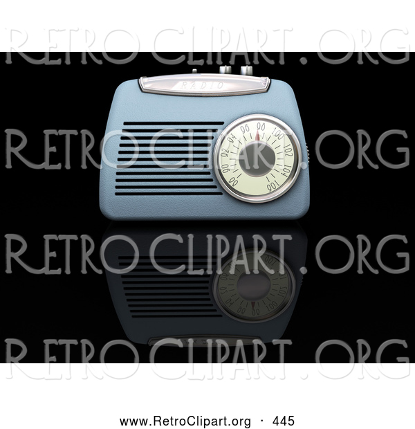 Retro Clipart of a Retro Vintage Blue Radio Box on a Reflective Black Surface