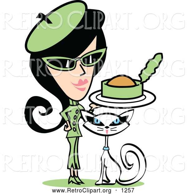 Retro Clipart of a Retro Woman in Green, Feeding Canned Food to Her Cat