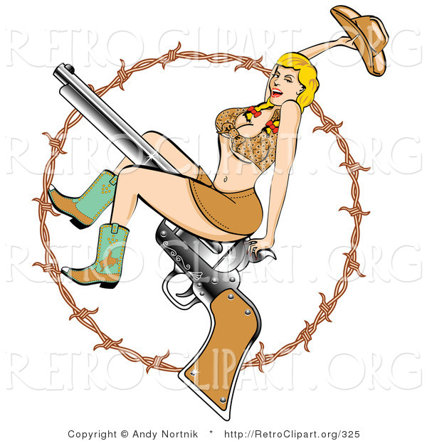 Retro Clipart of a Sexy Blond Woman in a Short Halter Top and Short Mini Skirt, Wearing Cowboy Boots and Holding up Her Hat While Riding a Pistol Gun, Surrounded by Barbed Wire