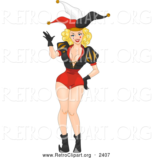 Retro Clipart of a Sexy Female Joker Pinup Waving
