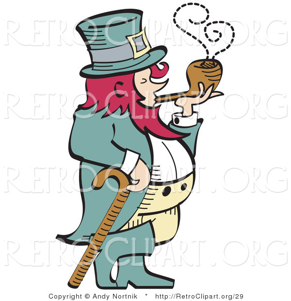 Retro Clipart of a Short, Red Haired Leprechaun Leaning on a Cane and Smoking a Pipe