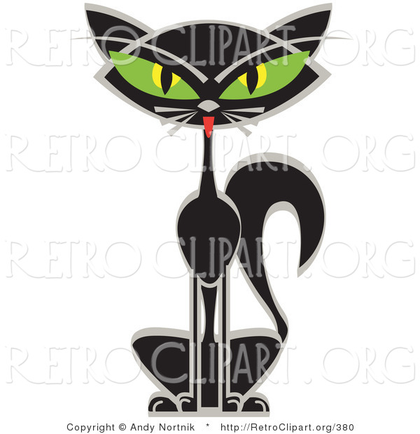 Retro Clipart of a Sitting Black Siamese Cat with Big Green Eyes