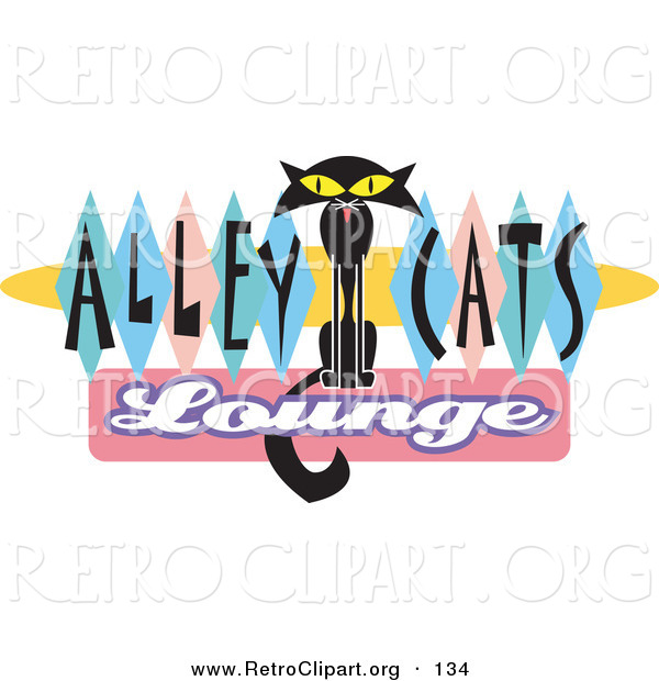 Retro Clipart of a Slender Solid Black Cat Sitting in the Center of Green, Blue and Pink Diamonds on an Old Fashioned Alley Cats Lounge Sign