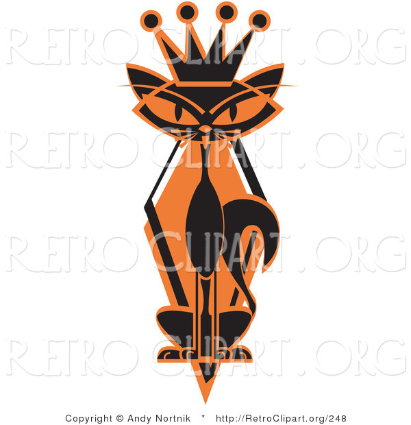 Retro Clipart of a Slim Black Siamese Cat in Silhouette, Wearing a Kings Crown on an Orange Diamond