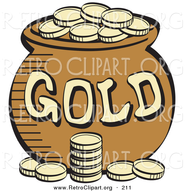 Retro Clipart of a Stack of Gold Coins in Front of a Pot of Leprechaun's Gold on White