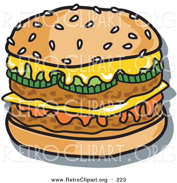 Retro Clipart of a Tasty Double Cheeseburger with Two Meat Patties and Melty CheeseTasty Double Cheeseburger with Two Meat Patties and Melty Cheese