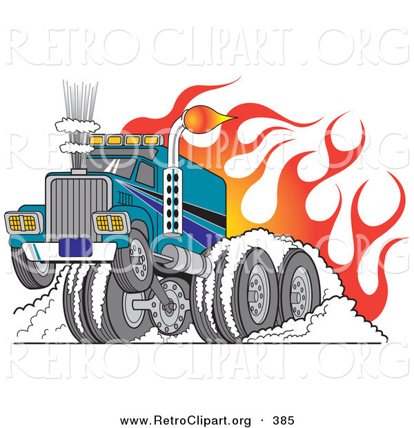 Retro Clipart of a Tough Big Rig Hot Rod Truck Flaming and Smoking Its Rear Tires Doing a Burnout in Flames and a Wheelie in the Street