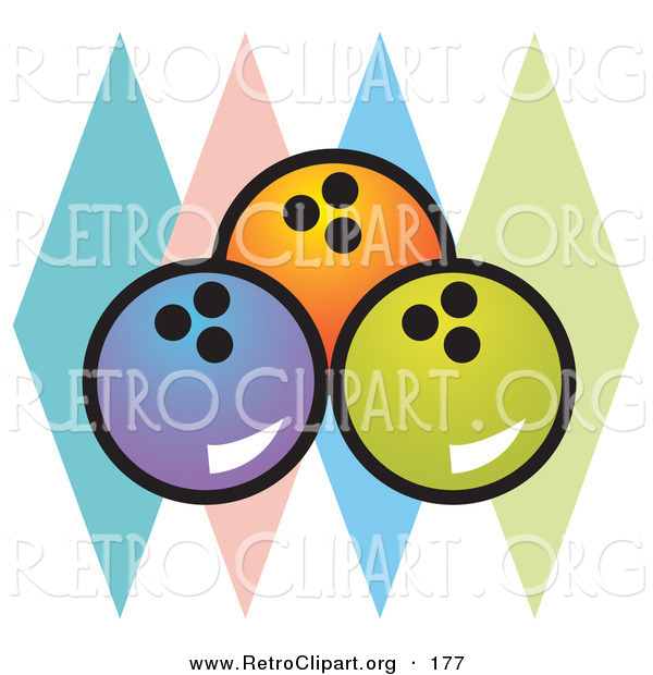 Retro Clipart of a Trio of Blue, Orange and Green Bowling Balls over Colorful Diamonds on White