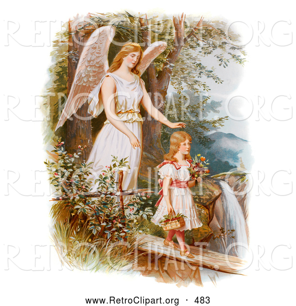 Retro Clipart of a Vintage Painting of a Female Guardian Angel Looking over a Little Girl As She Carries Flowers and a Basket Across a Log over a Cliff and River, Circa 1890