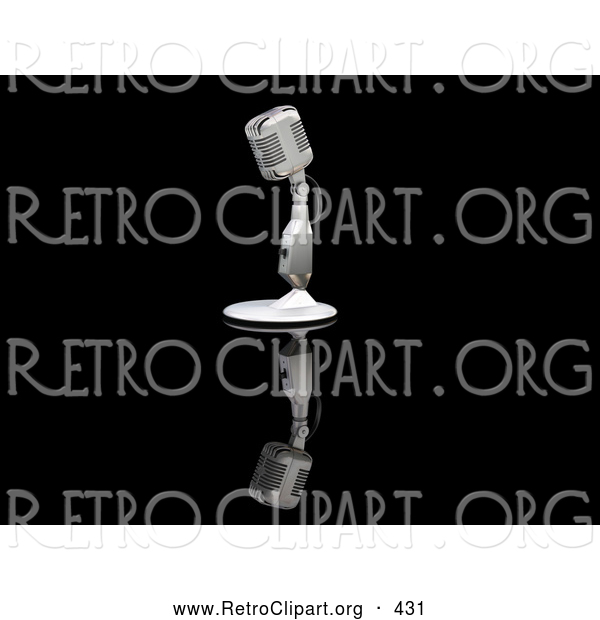 Retro Clipart of a White Vintage Microphone on a Table Top Stand on a Reflective Black Surface