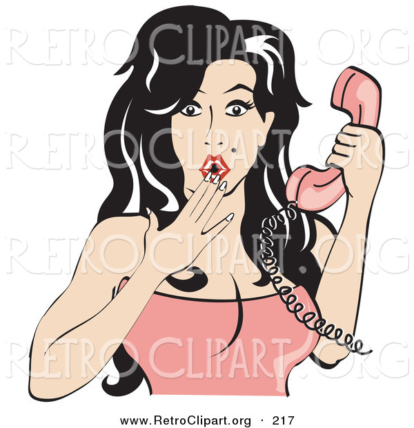 Retro Clipart of an Attractive Surprised Brunette Woman Covering Her Mouth and Holdnig a Pink Telephone