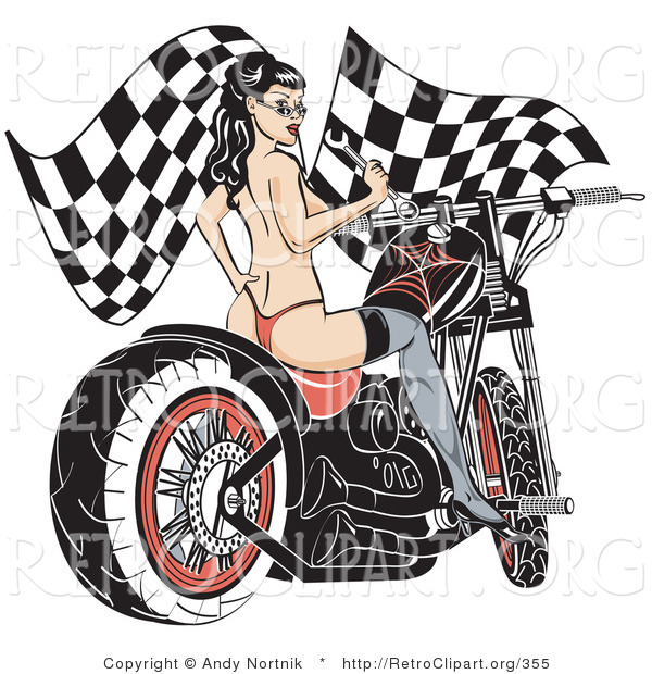 Retro Clipart of an Attractive Topless Brunette Woman in a Red Thong, Stockings and Heels, Looking Back over Her Shoulder and Holding a Wrench While Sitting on a Motorcycle and Racing Flags in the Background