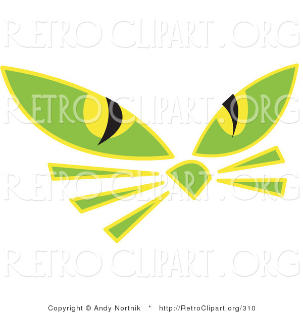Retro Clipart of Two Green Cat Eyes and Whiskers Glowing in the Dark