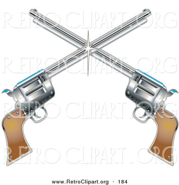 Retro Clipart of Two Shiny Pistol Guns Forming a Cross over a Solid White Background