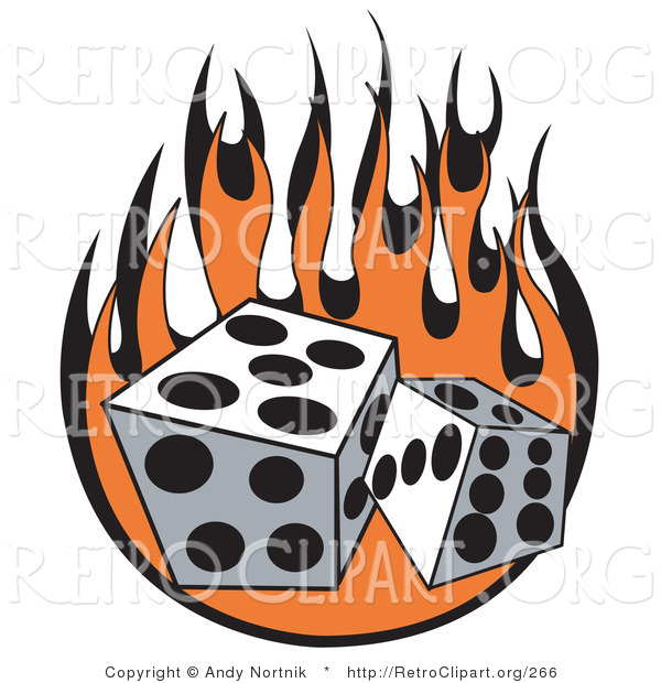 Retro Clipart of Two White Dice Rolling over Flames at a Casino