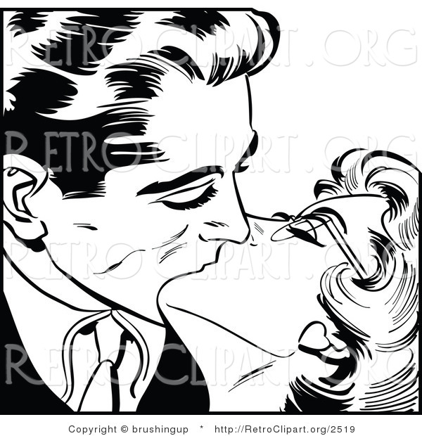 Vector Clipart of a Romantic Man and Woman Kissing - Black and White
