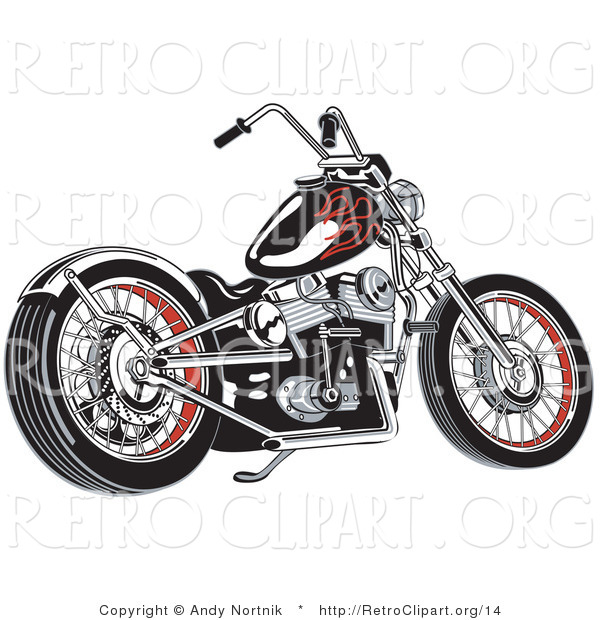 Vector Retro Clipart of a Black Motorcycle with Red Flame Paint Accents on the Tank