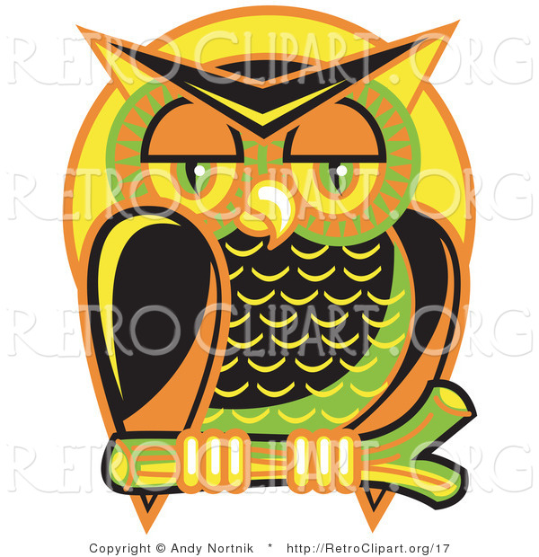 Vector Retro Clipart of a Wise and Colorful Sleepy Owl Perched on a Branch at Night Against a Full Moon