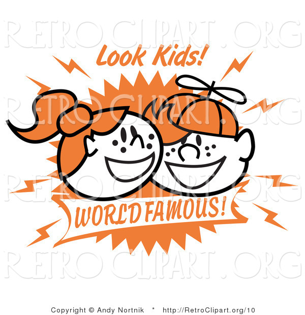 Vector Retro Clipart of Two Happy Freckled Redheaded Kids, One Boy and One Girl, Smiling Happily