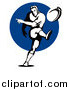 Clipart of a Black and White Retro Rugby Football Player Kicking over a Blue Circle by Patrimonio