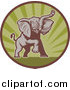 Clipart of a Mad Elephant Charging in a Green Ray and Brown Circle by Patrimonio